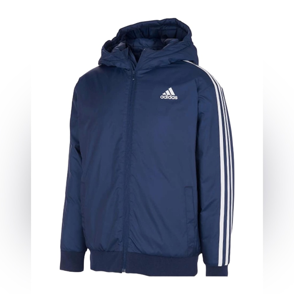 ADIDAS BOYS BOMBER JACKET WINTER COAT SPORTS SOCCER JACKET WARM JACKET NAVY BLUE